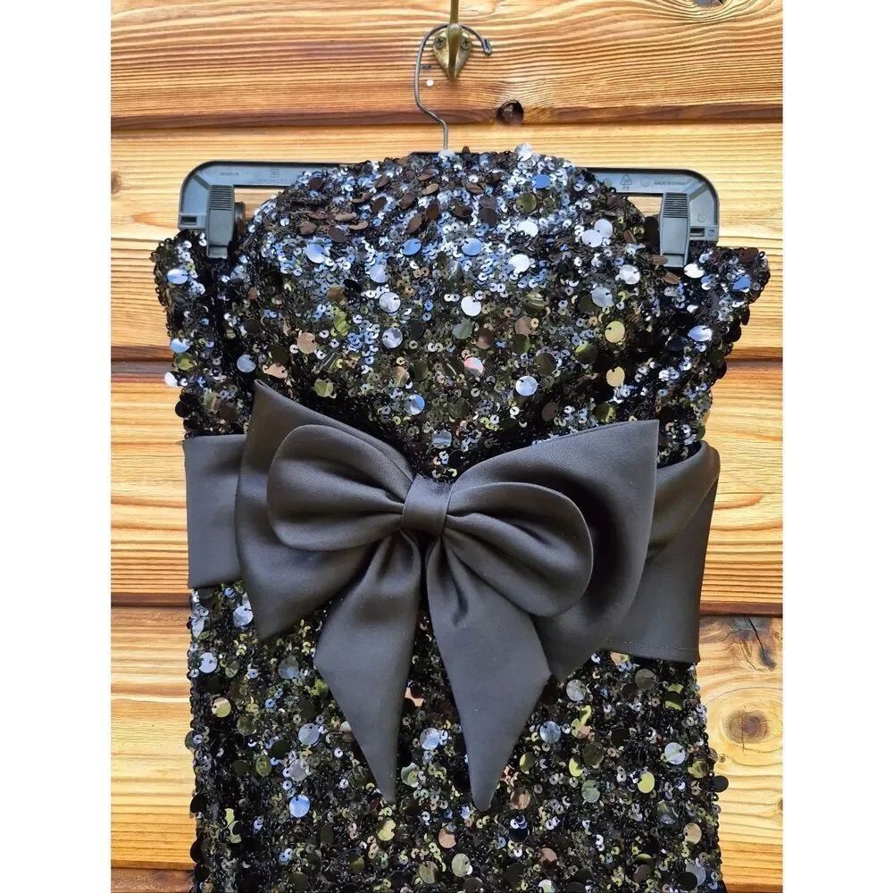 NEW Mac Duggal 27761 Black Strapless Sequin Evening Gown With Bow Size 6 - Picture 8 of 14